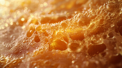 Glimmering Honey Surface with Bubbles and Textures in Warm Light