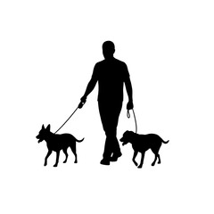 Silhouette of Man Walking Two Dogs A Simple Black and White Illustration