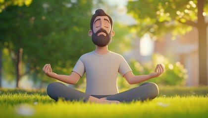 Bearded Man Meditating Outdoors In The Park With Face Raised To Sky, Eyes Closed On Sunny Summer Day. Meditation, Dreaming, Wellbeing, And Healthy Living.