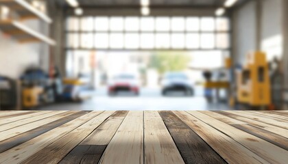 Wooden Tabletop Featuring A Blurred Background Of A Car Repair Services Center With Skilled Automobile Maintenance Technicians Showcasing Products Or Repairs.