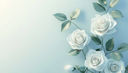 Elegant White Roses On Blue Background With Room For Text. Wide Angle Template For Mother'S Day, Birthday, Or Wedding Decor