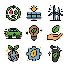 Renewable energy icons for ecofriendly concepts, perfect for sustainability presentations and green awareness campaigns. Suitable for environmentalthemed projects.