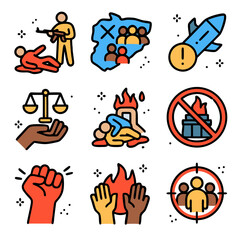 Genocide icon set symbolizes war, violence, protest, and justice. Suitable for educational resources, social media graphics, and historical presentations.