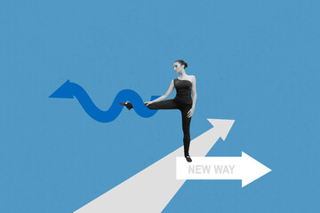 Creative trend artwork 3D collage sketch of young woman ballerina stretching stand new way arrow...
