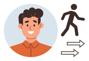 Smiling man next to a walking figure and arrows pointing right, symbolizing progress, decision-making, motivation, and movement. Ideal for career, journey, leadership, improvement and goal-setting