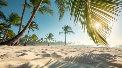 Obraz premium Vibrant Tropical Beach Scene with Palm Trees and Sandy Shoreline Under Sunny Skies
