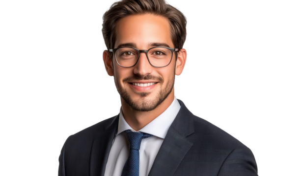 Professional Young Businessman with Glasses Smiling, Wearing Dark Suit and Tie, Isolated on White Background, Confident Portrait for Marketing Use