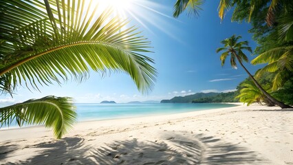 Obraz premium Tropical Paradise Beach with Palm Trees and Sunlit Ocean Horizon