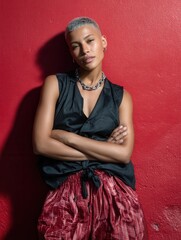 Stylish young woman with platinum blonde hair and edgy accessories leaning against red textured wall
