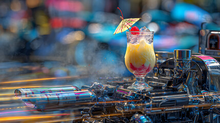 Colorful tropical cocktail sits on a shiny engine at a vibrant outdoor gathering during the summer