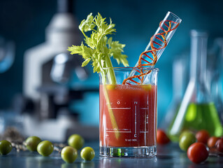 Creative cocktail with celery and DNA strand in a lab setting with scientific glassware and colorful liquids