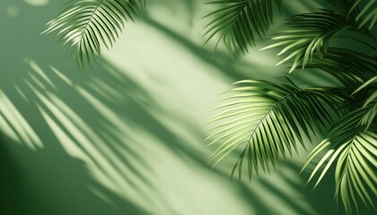 Stylish Olive Palm Leaf Shadow On A Green Wall: Trendy Lay With Sunlight Filtering Through, Creating A Fashionable And Modern Look