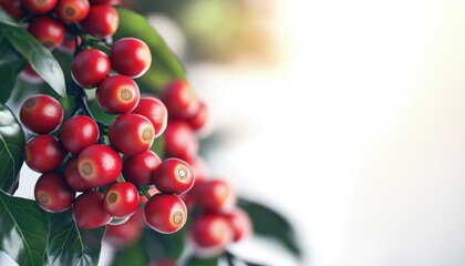 Fresh Organic Red Coffee Cherries Close Up: Capturing Raw Coffee Beans Growing On The Coffee Tree Plantation In Detail.