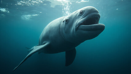 A beluga whale glides effortlessly through the clear blue waters of the Arctic, showcasing its unique shape and gentle demeanor as it explores its underwater habitat.