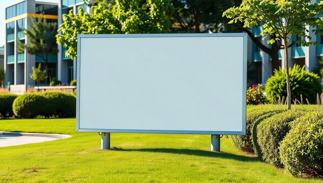 Blank outdoor billboard mockup standing on a green lawn in front of a modern corporate office building, offering prime advertising space
