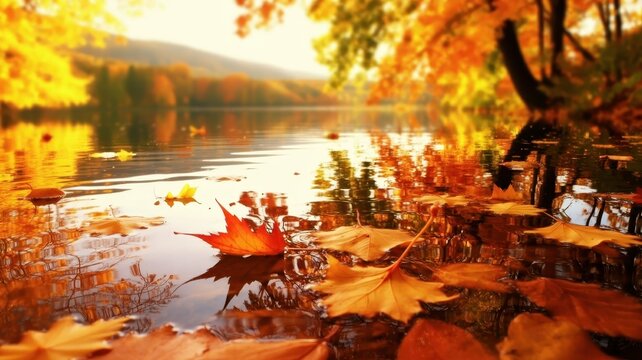 Golden autumn leaves float on a serene lake, reflecting vibrant trees on the distant shores under a warm, soft sky, capturing nature's breathtaking fall beauty.