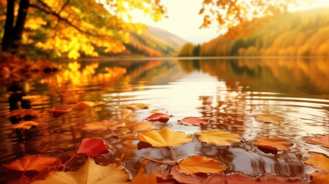 Golden autumn leaves float on a serene lake, reflecting vibrant trees on the distant shores under a warm, soft sky, capturing nature's breathtaking fall beauty.