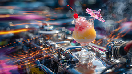 Refreshing tropical drink garnished with cherry and umbrella placed on a vintage engine at a summer car show
