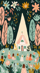 Gathered in a lush garden, friends enjoy a summer movie night, surrounded by blooming flowers and greenery while a projector light illuminates the scene after sunset