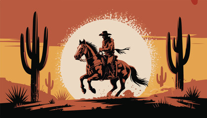 Silhouetted Cowboy on Horseback Against Full Moon – Western Desert Digital Art