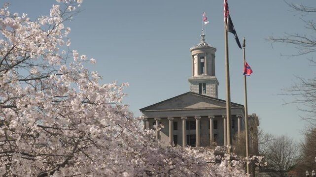Tennessee Capitol with blooming cherry trees