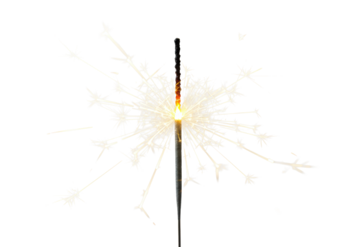 A bright yellow sparkler burning intensely with vibrant golden light and sharp dynamic sparks, creating luminous trails, isolated on an immaculate transparent background with copy space, no shadows,