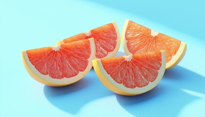 Bright And Refreshing Grapefruit Slices On Sunlit Background With Sharp Shadows. Creative Food Presentation On Soft Blue Pastel With Juicy Citrus Fruits.
