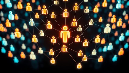 A glowing central figure representing a key person connected to a vast digital network of people. Abstract technology concept of social media and community.