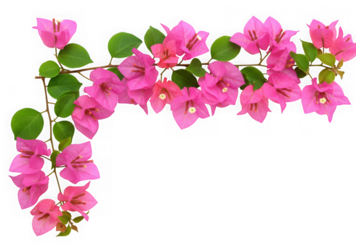 Pink bougainvillea flowers and green leaves isolated on transparent background