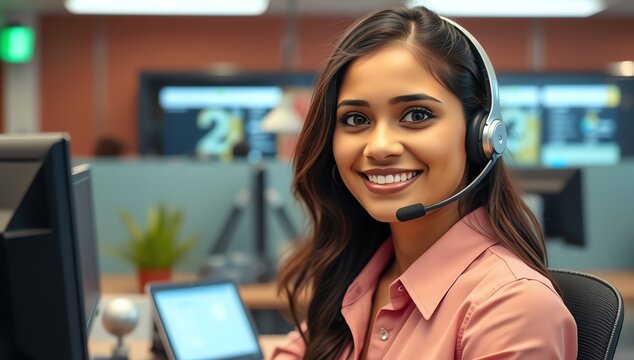 Portrait of a smiling young female customer service agent with a headset, providing professional support in a modern call center office.