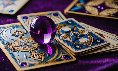 Fortune teller predicting future using purple crystal ball on esoteric tarot card
