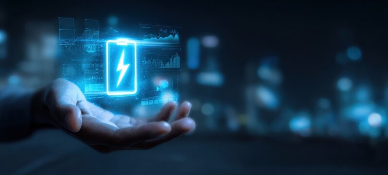 The futuristic holographic battery displayed in a human hand with energy visualization
