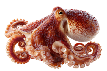 Close up of a vibrant red octopus with detailed tentacles.