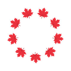 Vibrant Red Maple Leaves Circular Frame; Autumnal Design Element; Fall Season; White Background