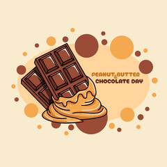 Peanut Butter and Chocolate Day to celebrate on July 23rd. Two chocolate bars dipped in peanut butter. Dessert event banner.