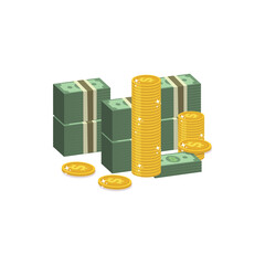 Stacks of Cash and Gold Coins:  Wealth, Prosperity, and Financial Success Concept Illustration.