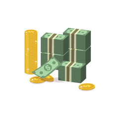 Stacks of Cash and Gold Coins:  Isometric Illustration of Wealth and Prosperity.