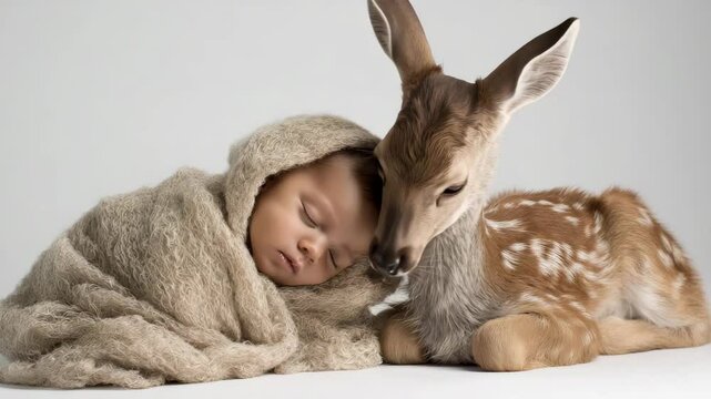 Rehkitz schnuppert an schlafendem Baby im Fotostudio. K&uuml;nstliche Intelligenz KI