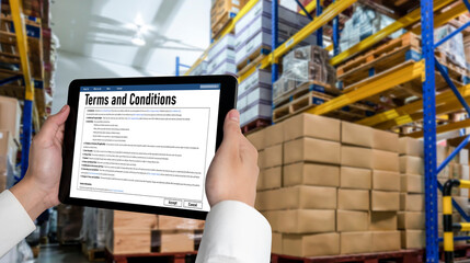 Digital legal contract provide terms and conditions document on computer screen ready for online...