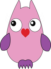 Adorable Pink Cartoon Owl with Heart Beak and Eyelashes, Cute Vector Illustration