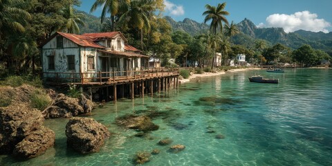 Ruins of a coastal building in a serene bay surrounded by lush tropical vegetation and rocky shores