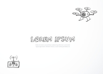 Minimalist vector layout featuring a hand-drawn drone and remote control with central space for custom text or design elements on white background