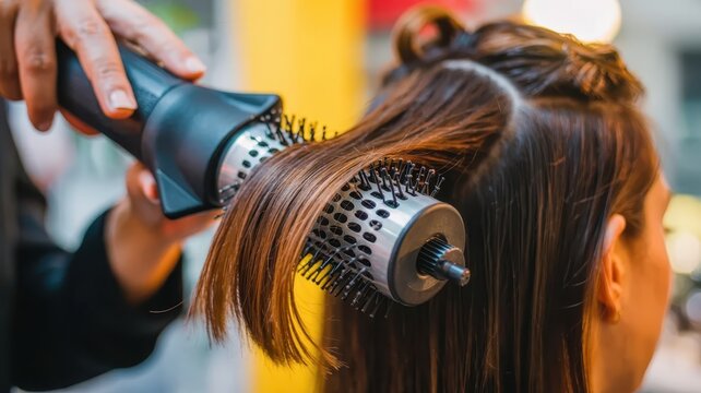 A stylist uses a round brush hairdryer on a client's wet hair at a salon. Showcases hair styling techniques and the professional beauty industry services.