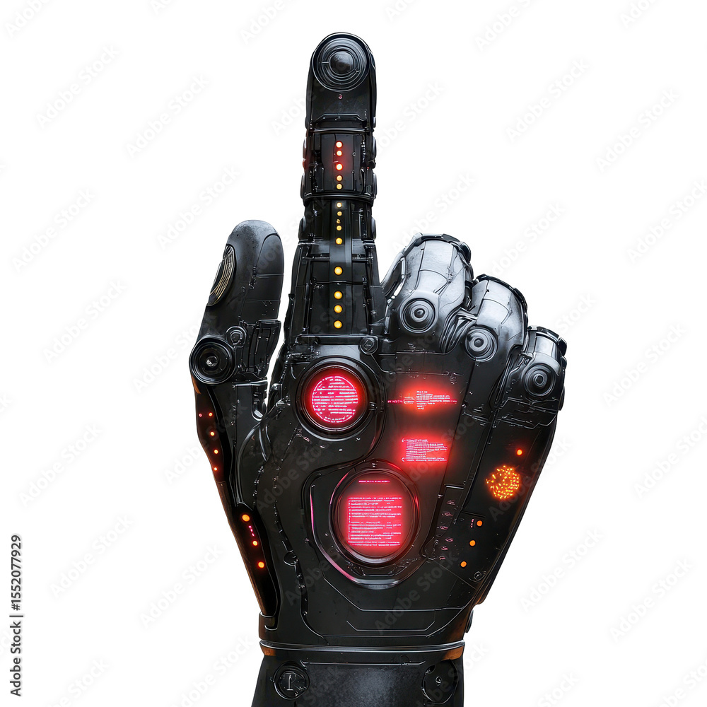 Poster robot finger pointing with information datum, robotic finger gestures towards an information datum, 