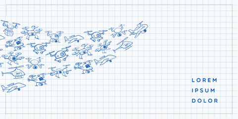 Vector illustration of various hand-drawn blue pen doodle drones and flying machines on graph paper background