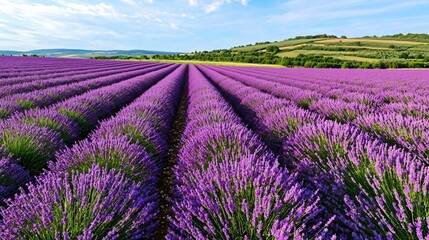 Obraz premium a picturesque lavender field viewed at golden hour, warm light enhancing the purple hue of flowers, strong row repetition leading toward hilly horizon, contrast with green stems, no people or