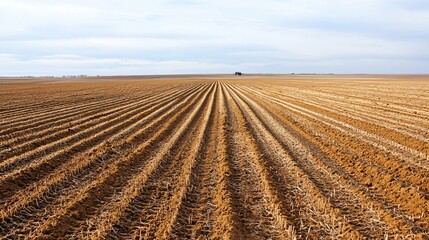 a tilled soil field freshly plowed in preparation for planting, soft earth textures captured in crisp detail, tractor lines forming strong leading lines, flat open land under cloudy skies, deep