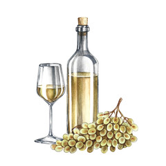 A bottle of white wine, a glass, and a bunch of grapes. Hand-drawn watercolor illustration. Isolation. Color image. For packaging and labels. For banners and posters. For restaurant and bar menus.