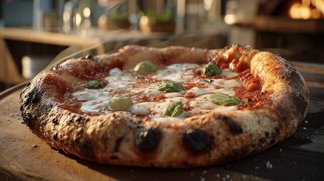 Freshly baked Neapolitan sourdough pizza with mozzarella and basil leaves, steaming on a wooden peel