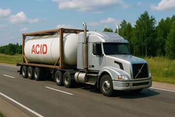 A semi truck hauling a liquid acid barrel tank container drives along a quiet two-lane highway on a summer day — perfect for logistics branding, chemical safety visuals, freight transport campaigns